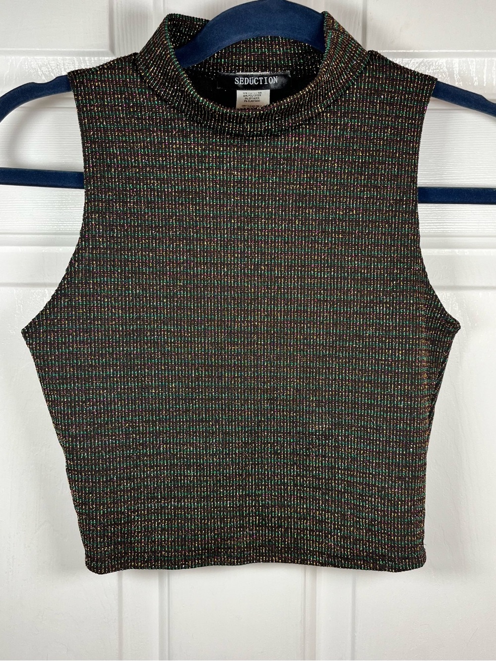 Seduction Black Metallic Sparkle Mock Neck Crop Tank Top - Size S